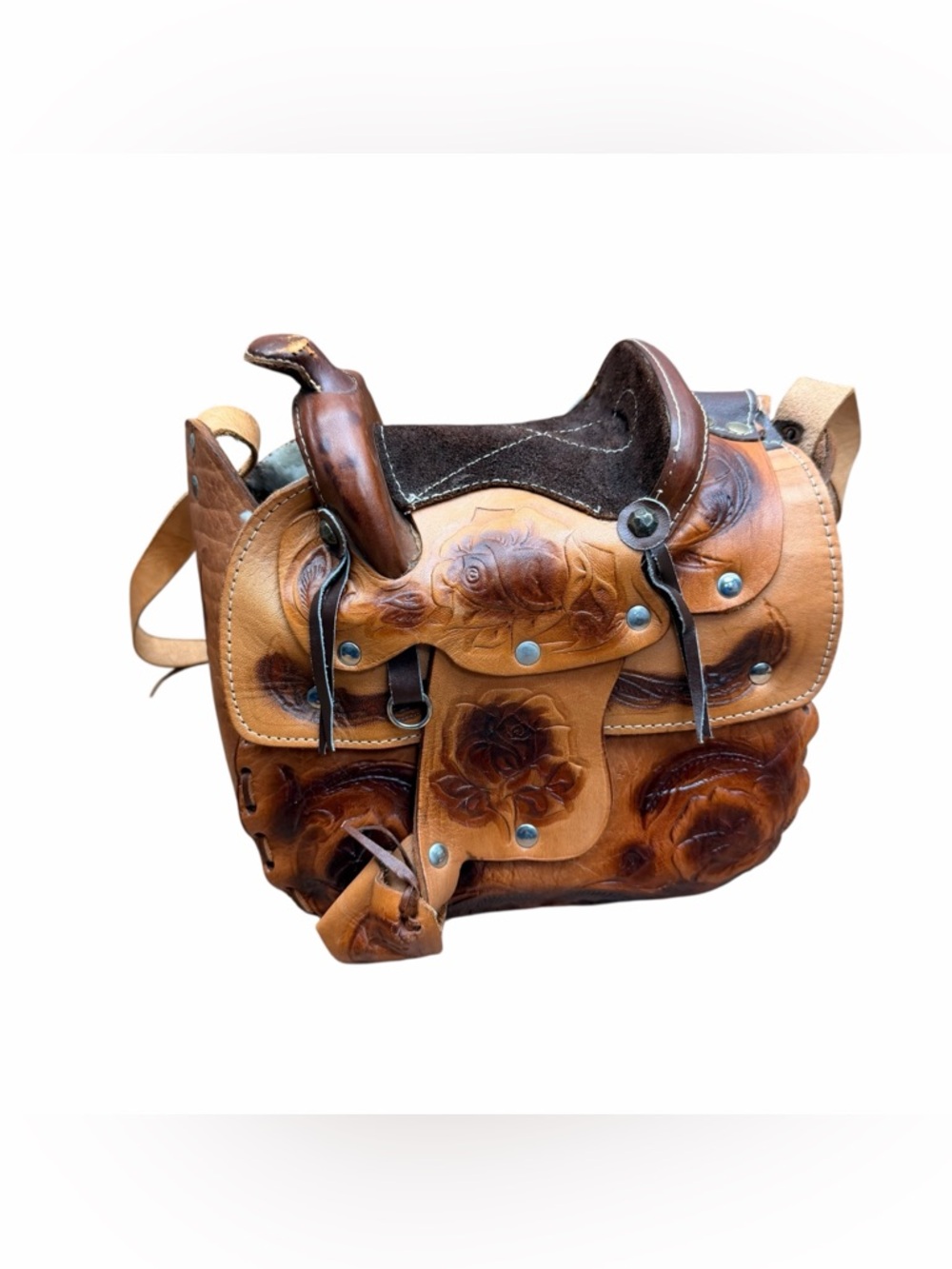 Vintage Tooled Leather Saddle Bag Purse in Tan and Dark Brown made in Mexico - Picture 1 of 8